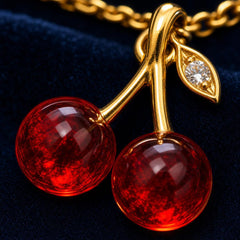 AYNOHA gold necklace with red cherries pendant - close-up detail